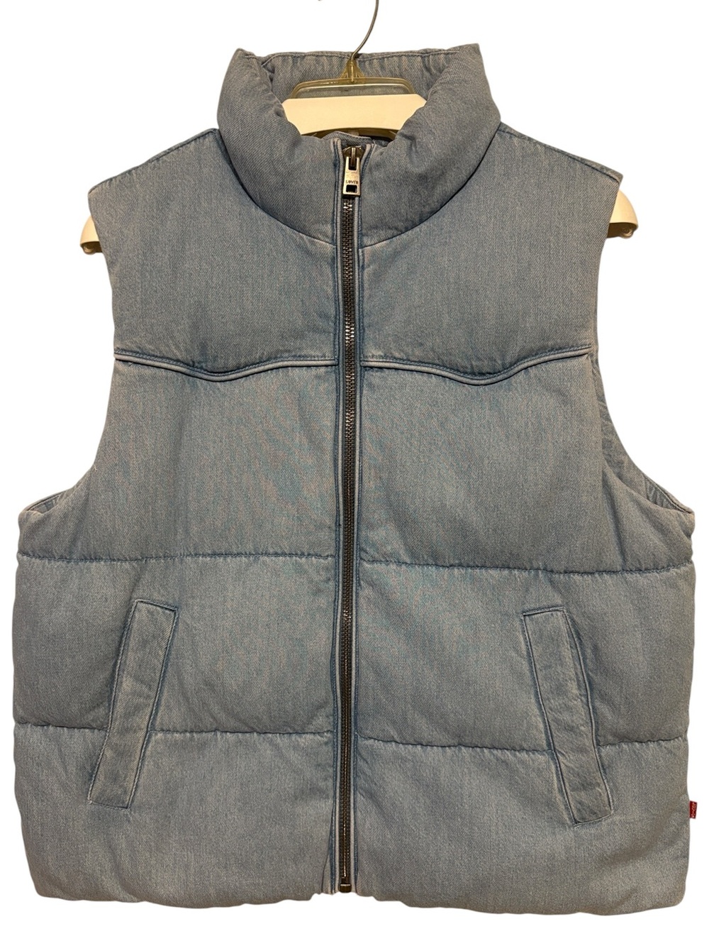LEVI’S Denim Puffer Vest Light Wash Blue Full Zip Padded Jacket Gilet Sz L